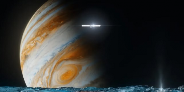 NASA's Europa Clipper spacecraft (illustrated here with Jupiter in the background) will come within 16 miles of the moon's surface.  Illustration by NASA/JPL-Caltech