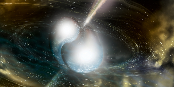 An artist’s depiction of a neutron star merger. These mergers produce heavy elements like gold and platinum in abundance. Image courtesy of Sonoma State University/A. Simonnet