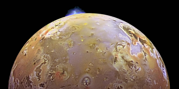 This color image, acquired during Galileo's ninth orbit (C9) around Jupiter, shows two volcanic plumes on Io. One plume was captured on the bright limb or edge of the moon, erupting over a caldera (volcanic depression) named Pillan Patera. 