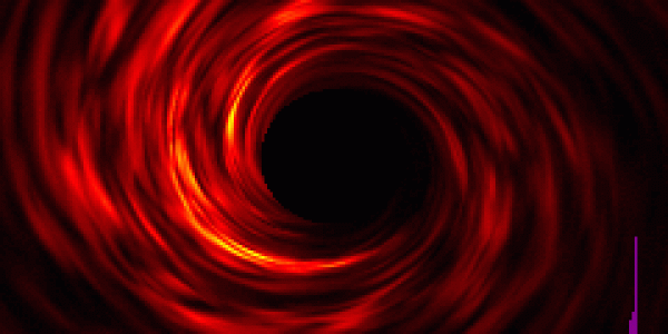 Simulation of a turbulent accretion disk surrounding a non-rotating (Schwarzschild) black hole, as seen by a distant observer. Credit: Armitage and Reynolds