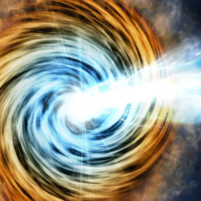 This artist's conception shows a blazar, the core of an active galaxy powered by a supermassive black hole. Photo courtesy of M. Weiss/CfA