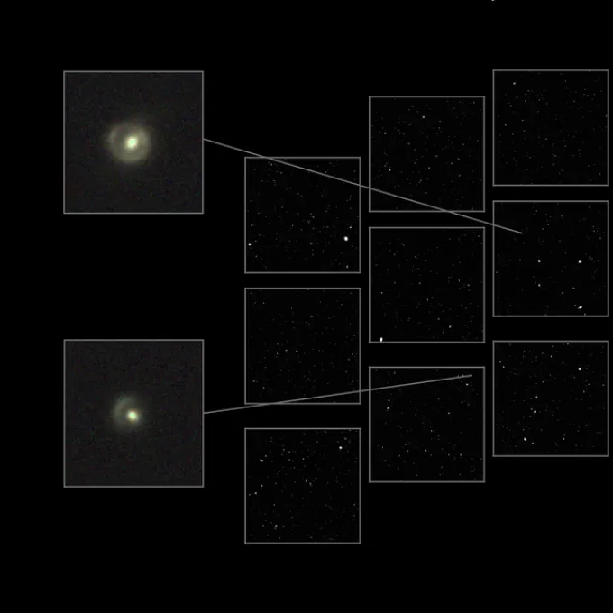This image shows a simulated observation from NASA’s Nancy Grace Roman Space Telescope with an overlay of its Wide Field Instrument’s field of view. More than 20 gravitational lenses are expected to pop out in every one of Roman’s vast observations. (Image: NASA, Bryce Wedig, Tansu Daylan and Joseph DePasquale)