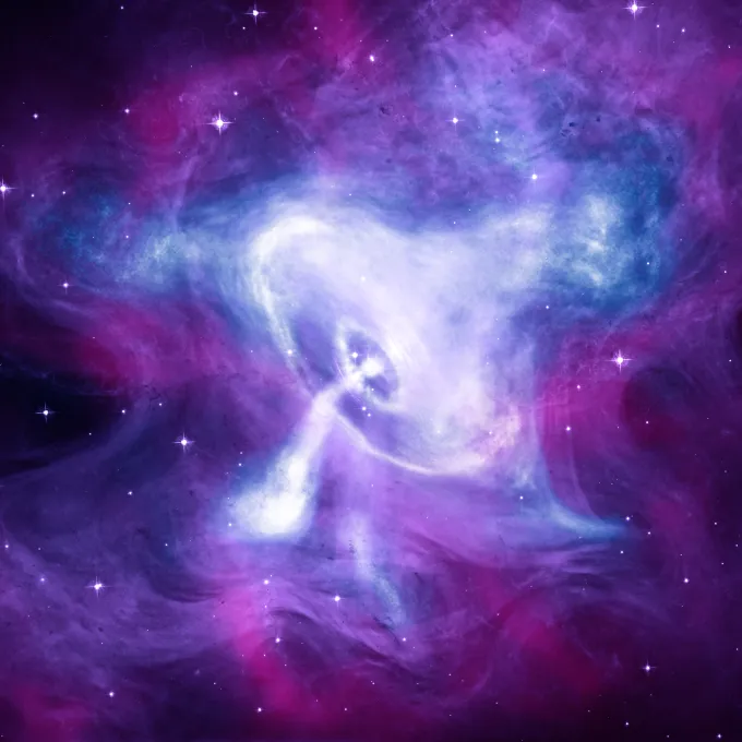 A composite image of the Crab Nebula with Chandra (blue and white), Hubble (purple), and Spitzer (pink). Credit: X-ray: NASA/CXC/SAO; Optical: NASA/STScI; Infrared: NASA-JPL-Caltech