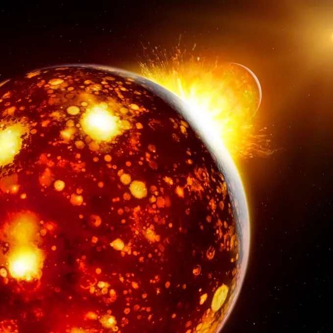 Artist’s impression of the planet Theia colliding with ancient Earth to create the moon. MPS/Mark A. Garlick